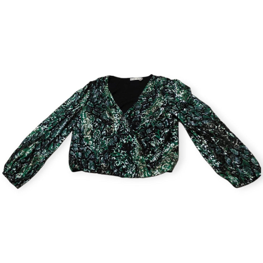 Alice + Olivia Black and Green Patterned Silk Blend Balloon Sleeve Top